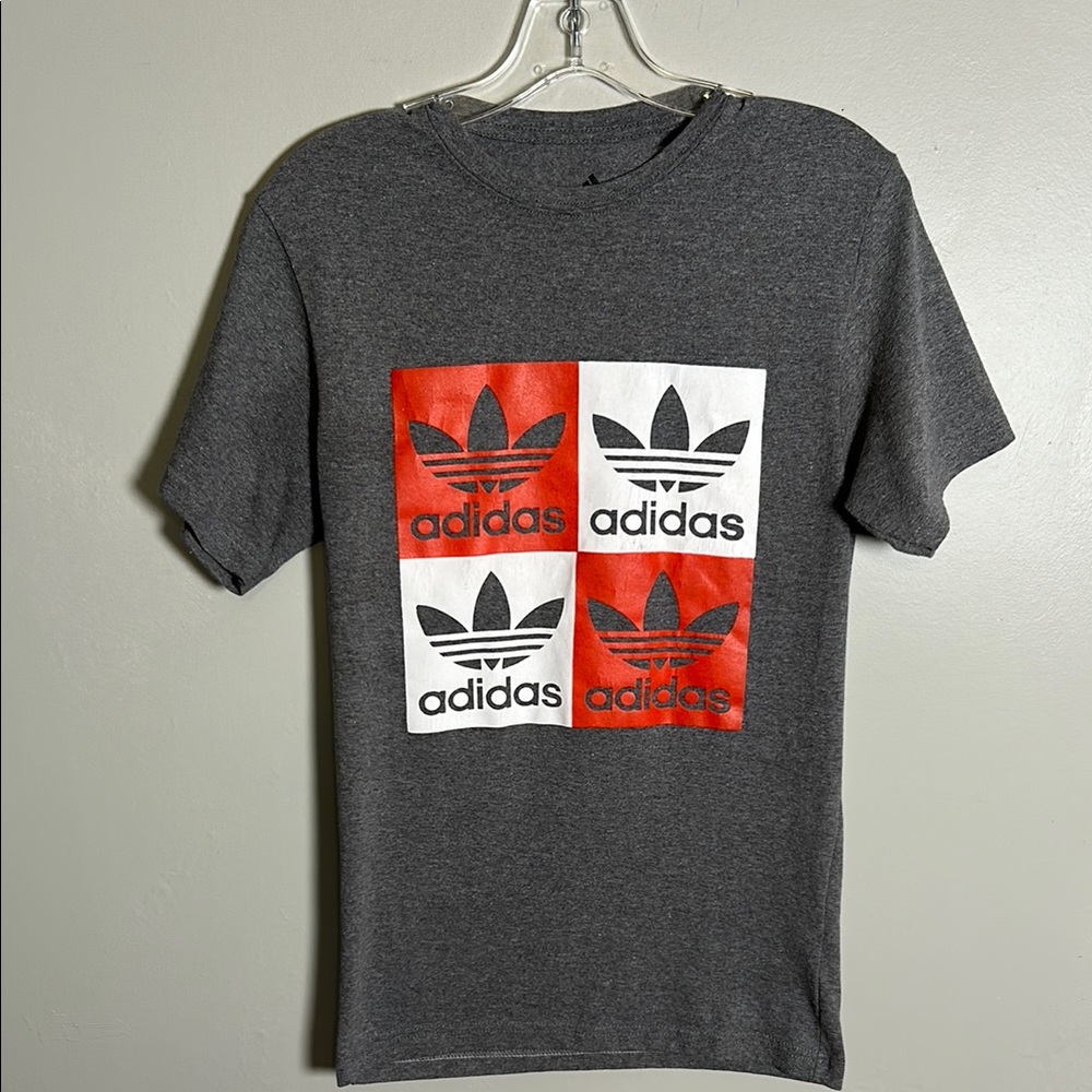 Adidas Quad Logo Block pattern Gray Women’s Small Trefoil T-Shirt 100% Cotton